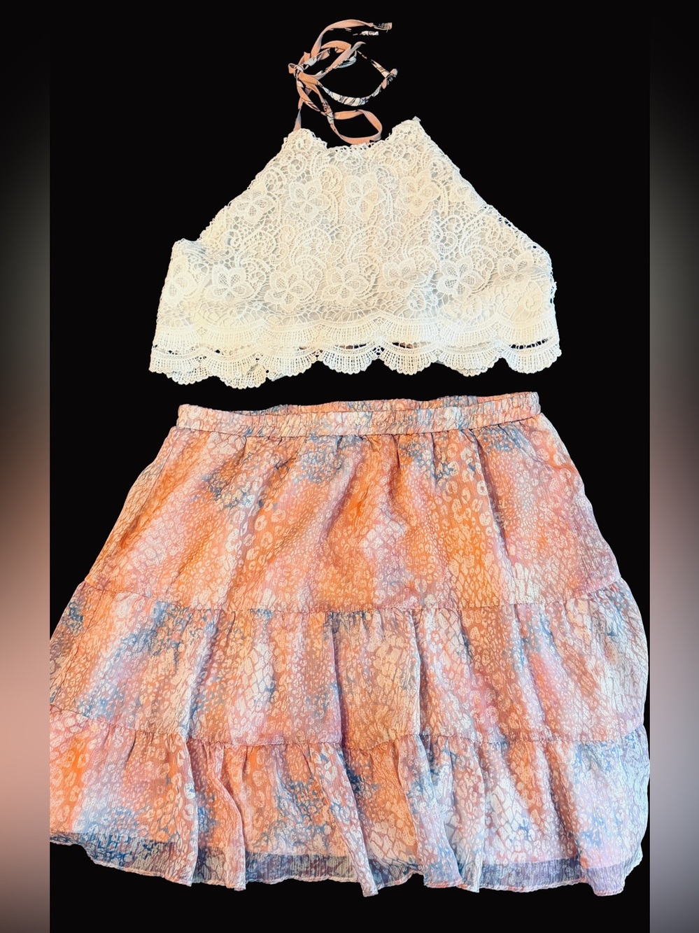 Tiered Skirt and Lace Halter Top Set